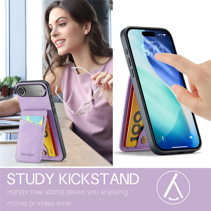 FIERRE SHANN 023 For iPhone Air Case Card Holder Kickstand Leather RFID Blocking Back Cover - Purple - 5