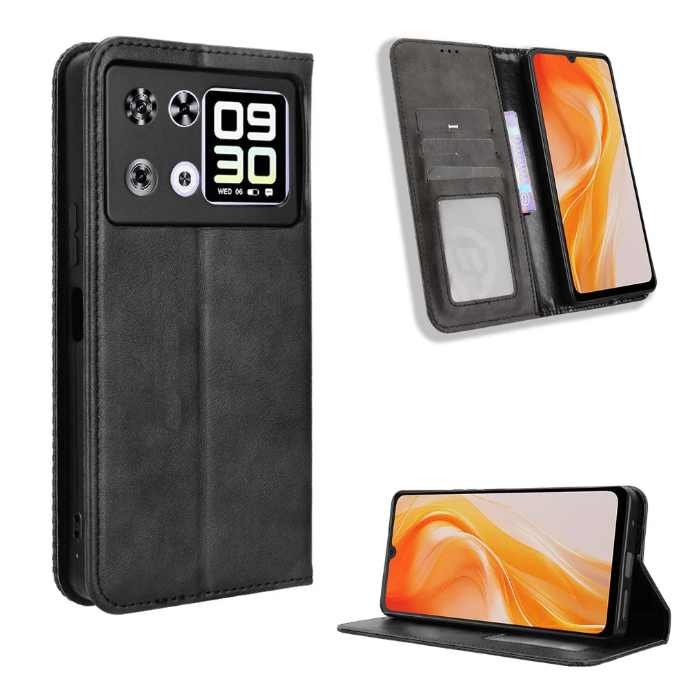 For Cubot P90 Leather Case Wallet Stand Retro Texture Phone Cover - Black - 1