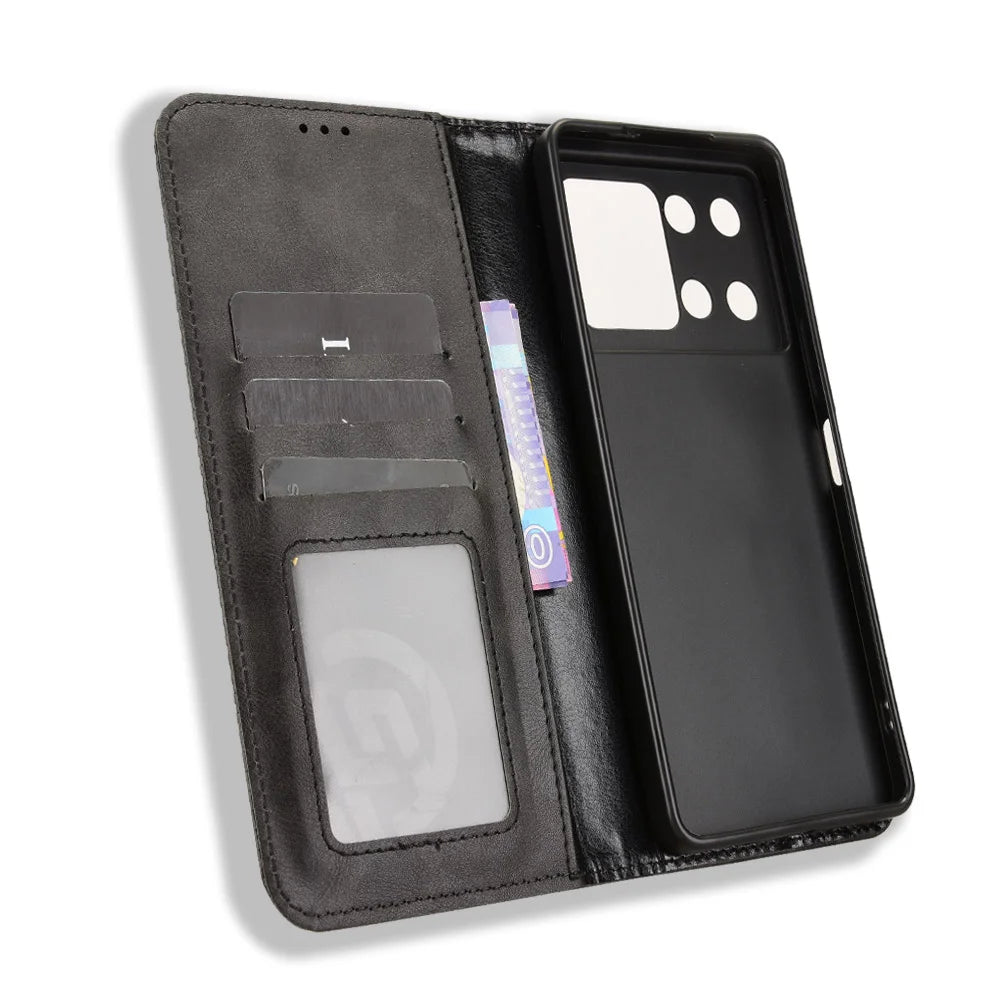 For Cubot P90 Leather Case Wallet Stand Retro Texture Phone Cover - Black - 5