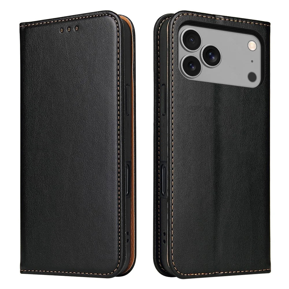 FIERRE SHANN For iPhone 17 Pro Case PU Leather Flip Stand Wallet Phone Cover - Black - 1