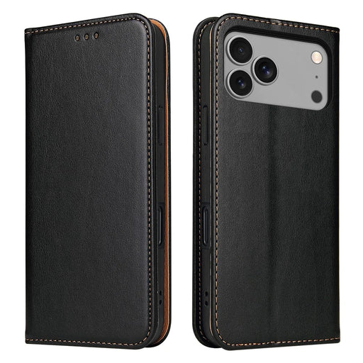 FIERRE SHANN For iPhone 17 Pro Case PU Leather Flip Stand Wallet Phone Cover - Black - 1
