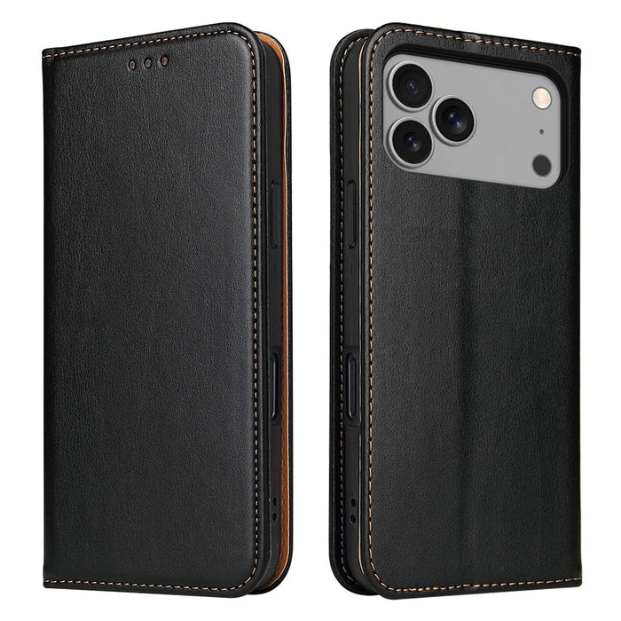 FIERRE SHANN For iPhone 17 Pro Case PU Leather Flip Stand Wallet Phone Cover - Black - 1
