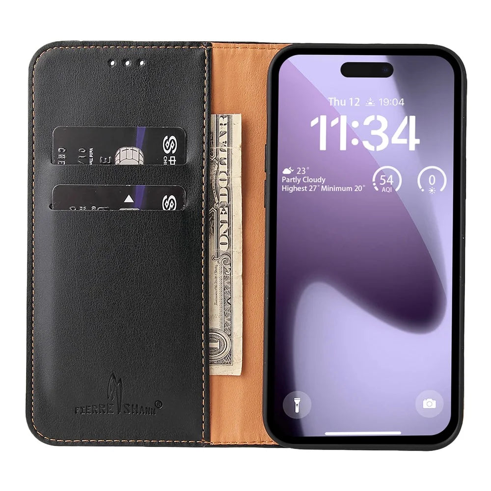 FIERRE SHANN For iPhone 17 Pro Case PU Leather Flip Stand Wallet Phone Cover - Black - 2