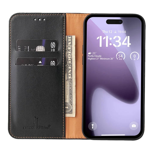 FIERRE SHANN For iPhone 17 Pro Case PU Leather Flip Stand Wallet Phone Cover - Black - 2