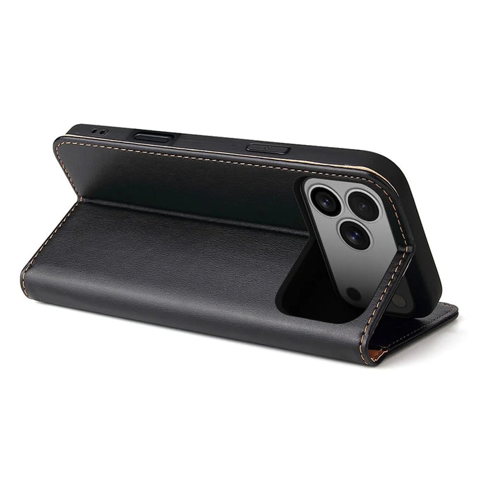 FIERRE SHANN For iPhone 17 Pro Case PU Leather Flip Stand Wallet Phone Cover - Black - 3