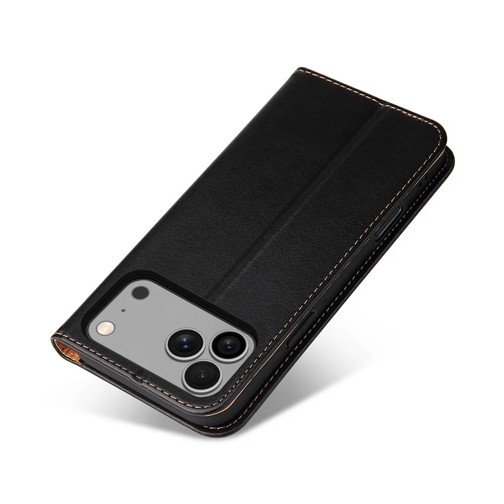 FIERRE SHANN For iPhone 17 Pro Case PU Leather Flip Stand Wallet Phone Cover - Black - 6