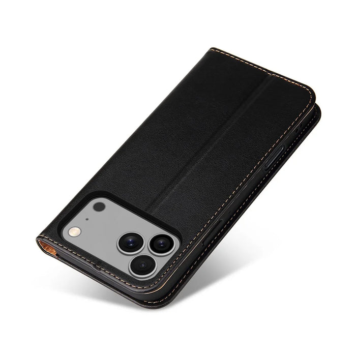 FIERRE SHANN For iPhone 17 Pro Case PU Leather Flip Stand Wallet Phone Cover - Black - 6