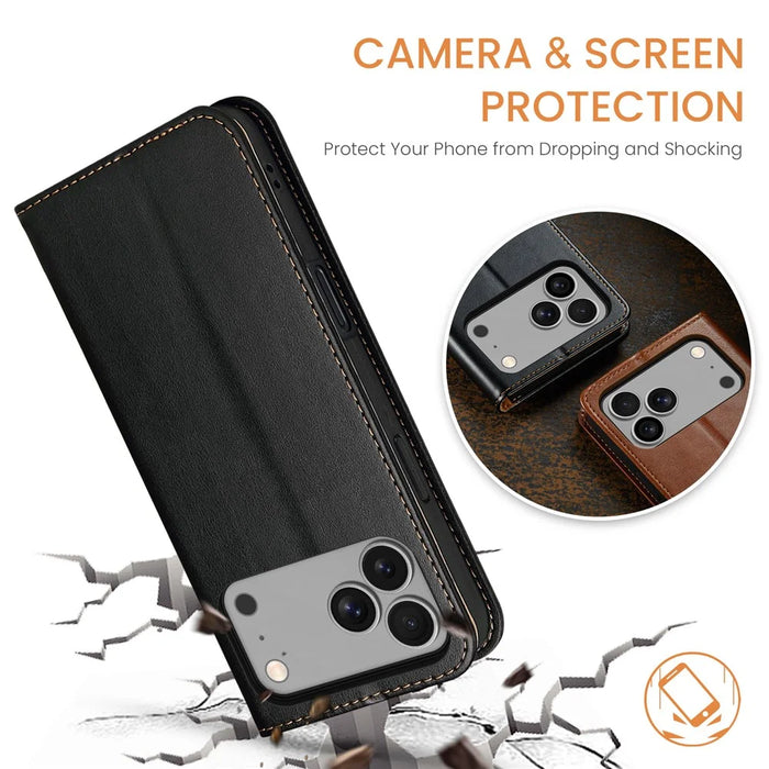 FIERRE SHANN For iPhone 17 Pro Case PU Leather Flip Stand Wallet Phone Cover - Black - 7