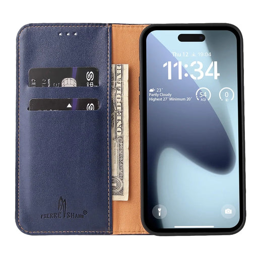 FIERRE SHANN For iPhone Air Case PU Leather Flip Stand Wallet Phone Cover - Blue - 2