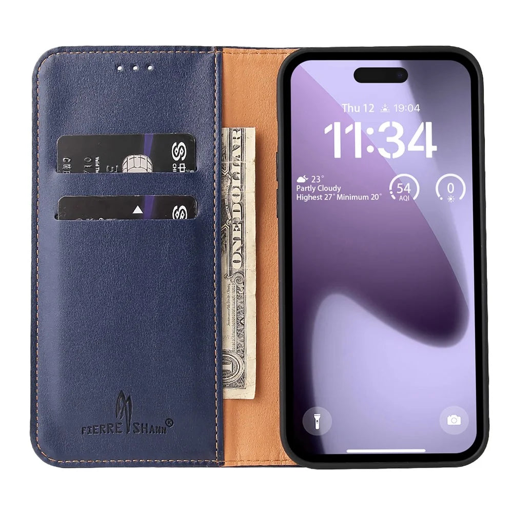 FIERRE SHANN For iPhone Pro Max Case PU Leather Flip Stand Wallet Phone Cover - Blue - 2