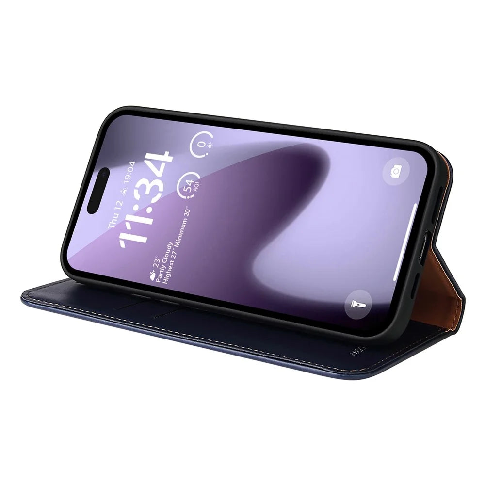 FIERRE SHANN For iPhone Pro Max Case PU Leather Flip Stand Wallet Phone Cover - Blue - 4