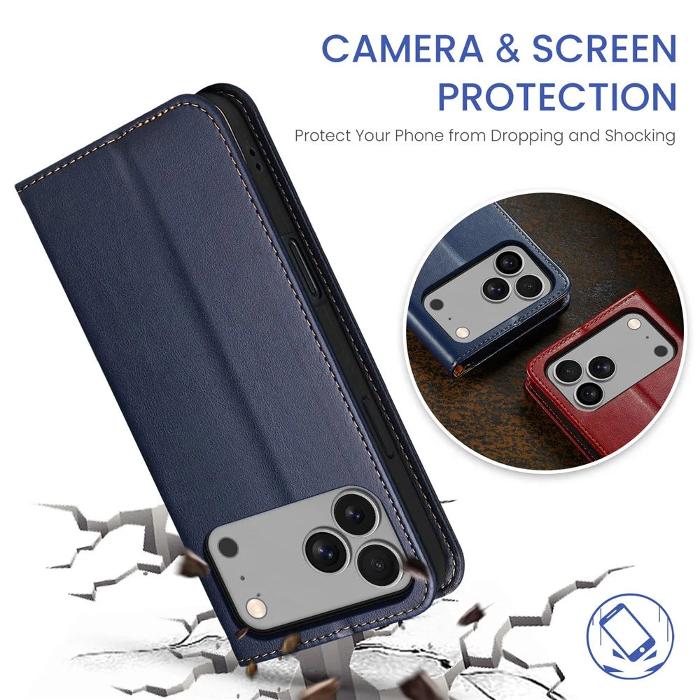 FIERRE SHANN For iPhone Pro Max Case PU Leather Flip Stand Wallet Phone Cover - Blue - 7