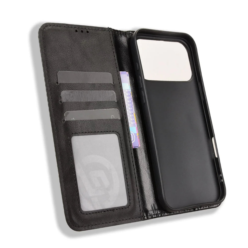 For iPhone 18 Pro Max / 17 Pro Max Leather Case Wallet Stand Retro Texture Phone Cover - Black - 5