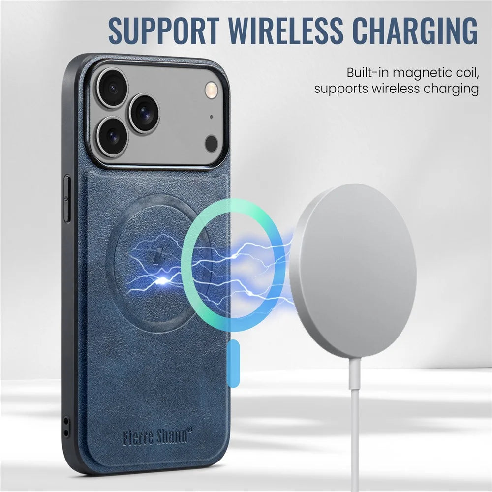 FIERRE SHANN 027 For iPhone 17 Pro Case Compatible with MagSafe Leather + TPU Phone Cover - Blue - 2