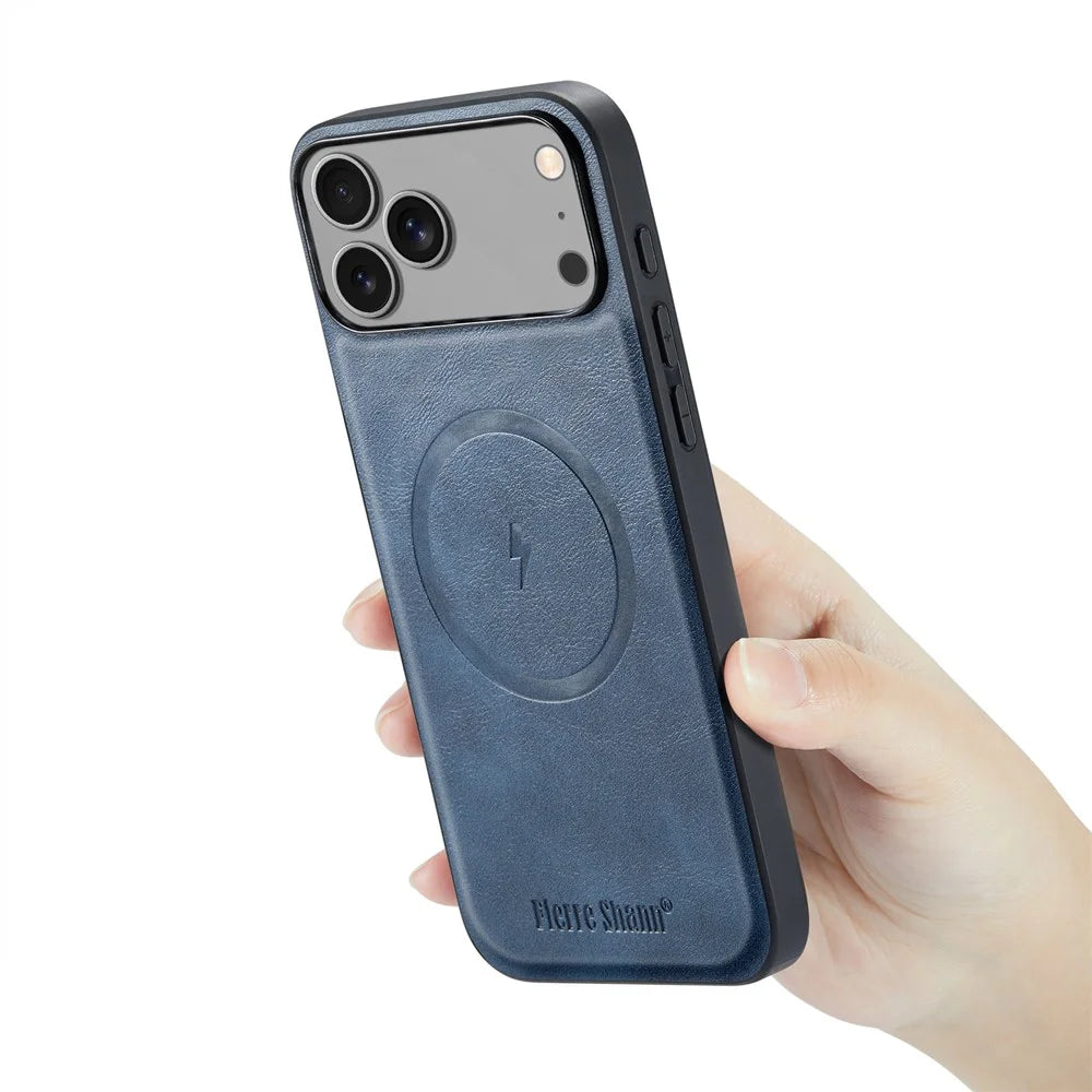 FIERRE SHANN 027 For iPhone 17 Pro Case Compatible with MagSafe Leather + TPU Phone Cover - Blue - 3