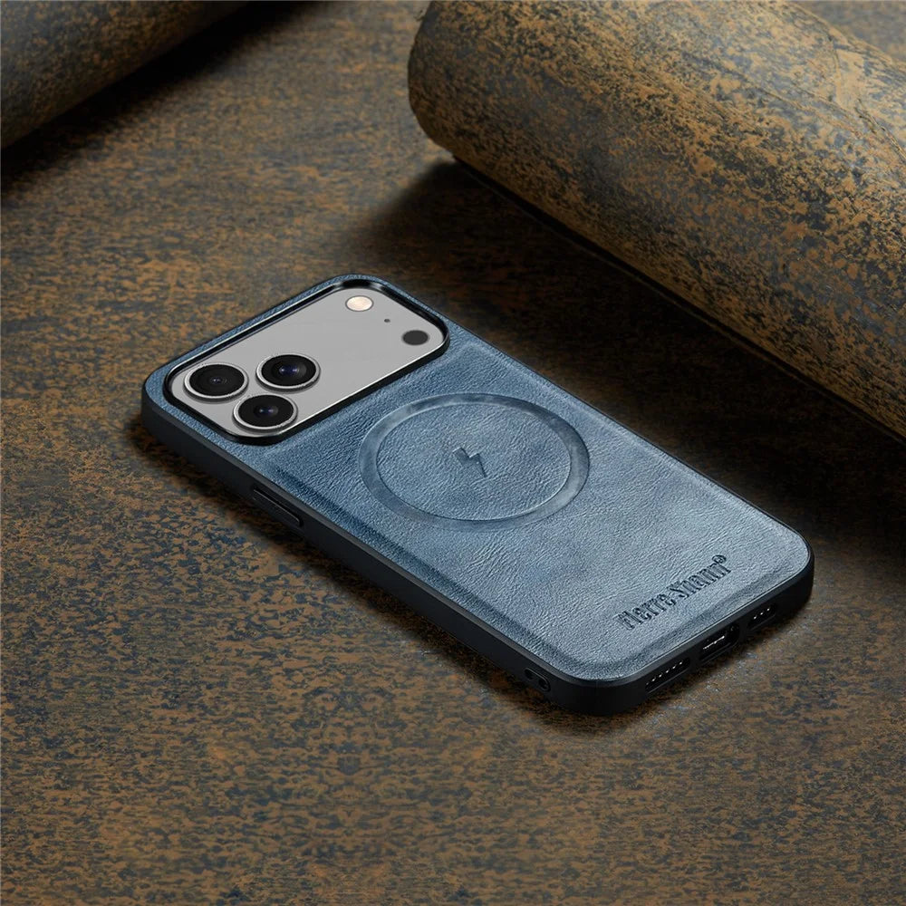 FIERRE SHANN 027 For iPhone 17 Pro Case Compatible with MagSafe Leather + TPU Phone Cover - Blue - 4