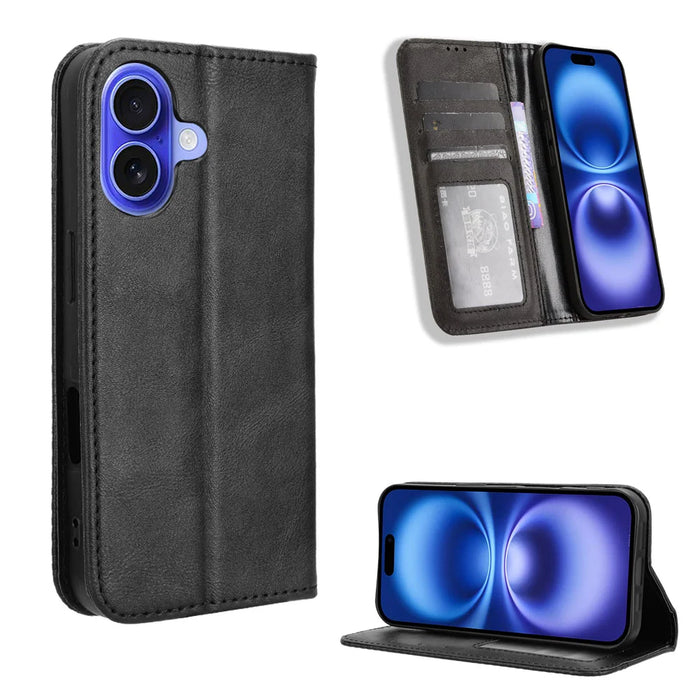 For iPhone 17 Leather Case Wallet Stand Retro Texture Phone Cover - Black - 1