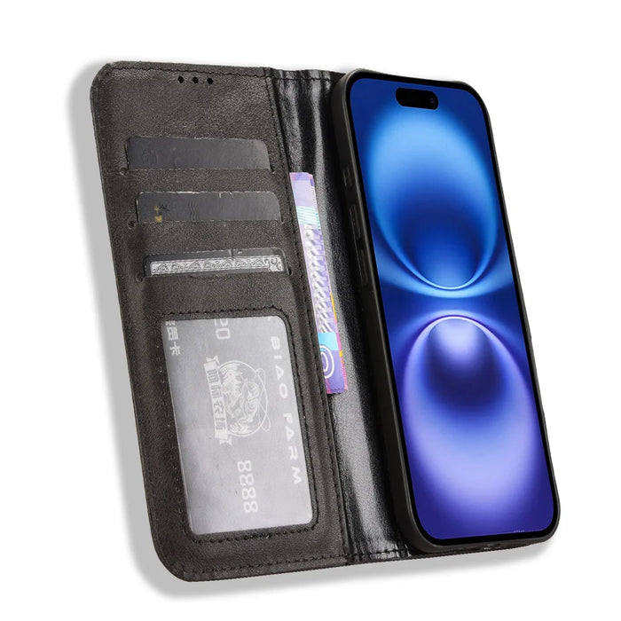 For iPhone 17 Leather Case Wallet Stand Retro Texture Phone Cover - Black - 6