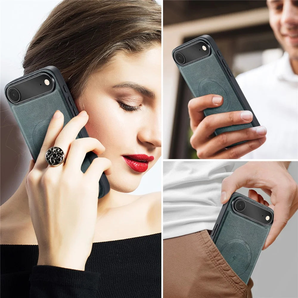 FIERRE SHANN 027 For iPhone Air Case Compatible with MagSafe Leather + TPU Phone Cover - Green - 3