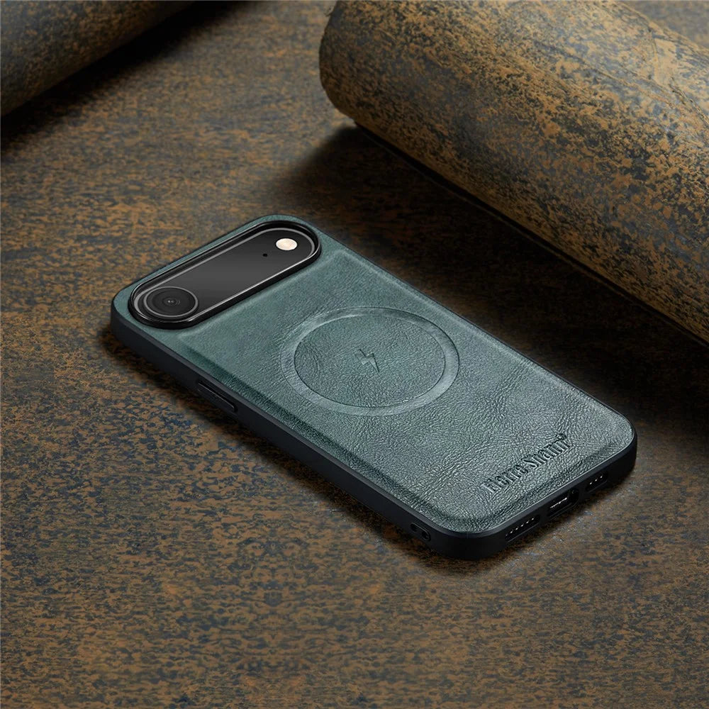 FIERRE SHANN 027 For iPhone Air Case Compatible with MagSafe Leather + TPU Phone Cover - Green - 6