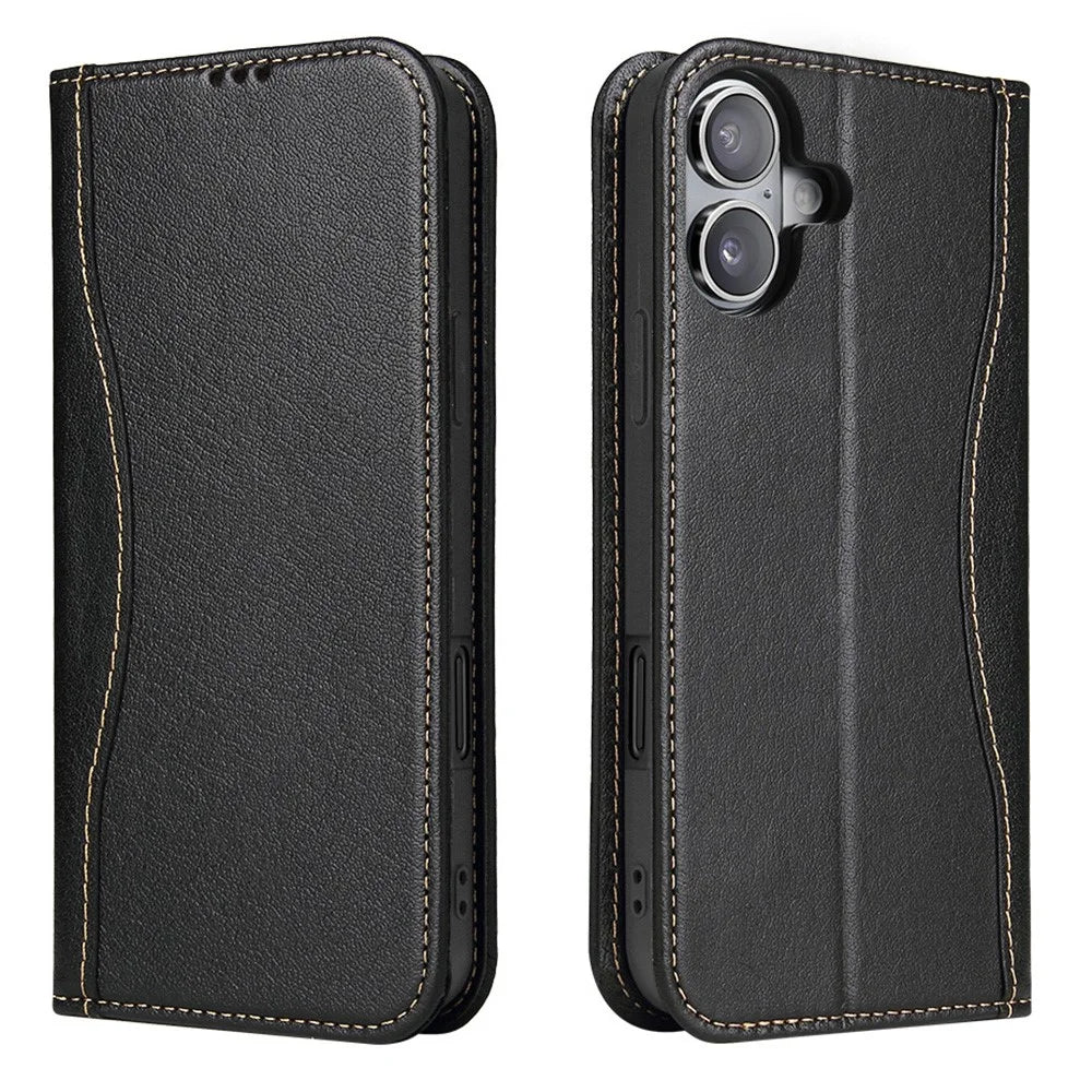 FIERRE SHANN For iPhone 17 Case Wallet Stitching Craft Genuine Cow Leather Phone Cover - Black - 1