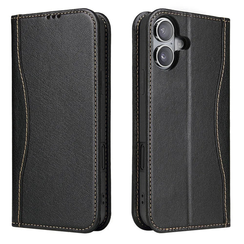 FIERRE SHANN For iPhone 17 Case Wallet Stitching Craft Genuine Cow Leather Phone Cover - Black - 1