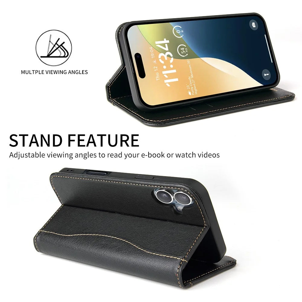 FIERRE SHANN For iPhone 17 Case Wallet Stitching Craft Genuine Cow Leather Phone Cover - Black - 2