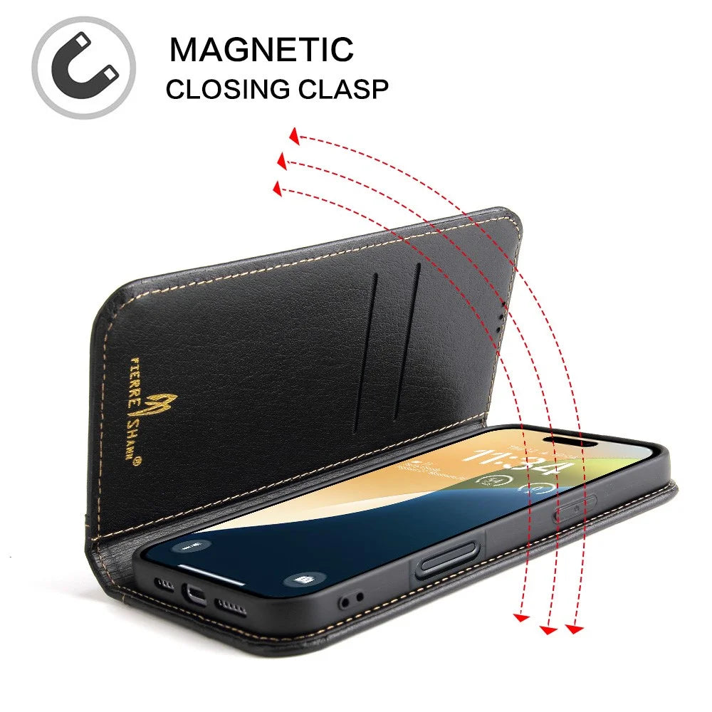 FIERRE SHANN For iPhone 17 Case Wallet Stitching Craft Genuine Cow Leather Phone Cover - Black - 3