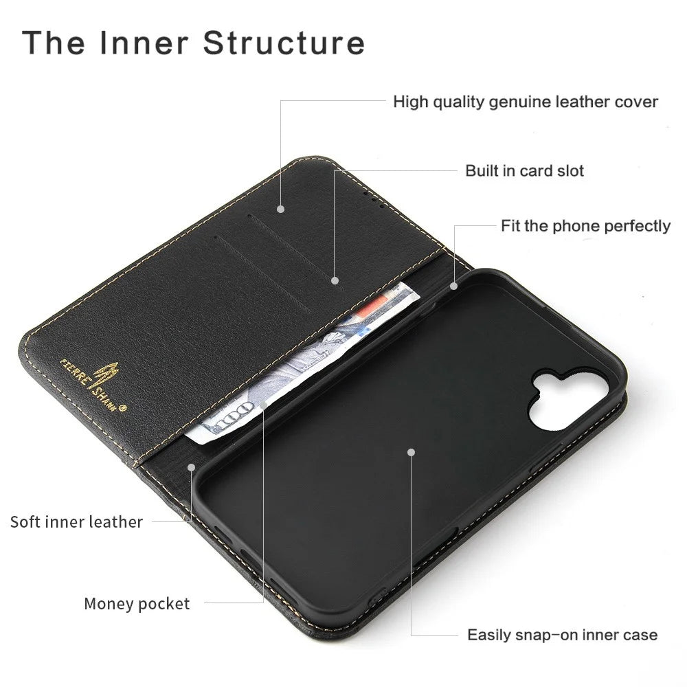 FIERRE SHANN For iPhone 17 Case Wallet Stitching Craft Genuine Cow Leather Phone Cover - Black - 4
