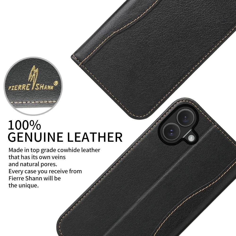 FIERRE SHANN For iPhone 17 Case Wallet Stitching Craft Genuine Cow Leather Phone Cover - Black - 5