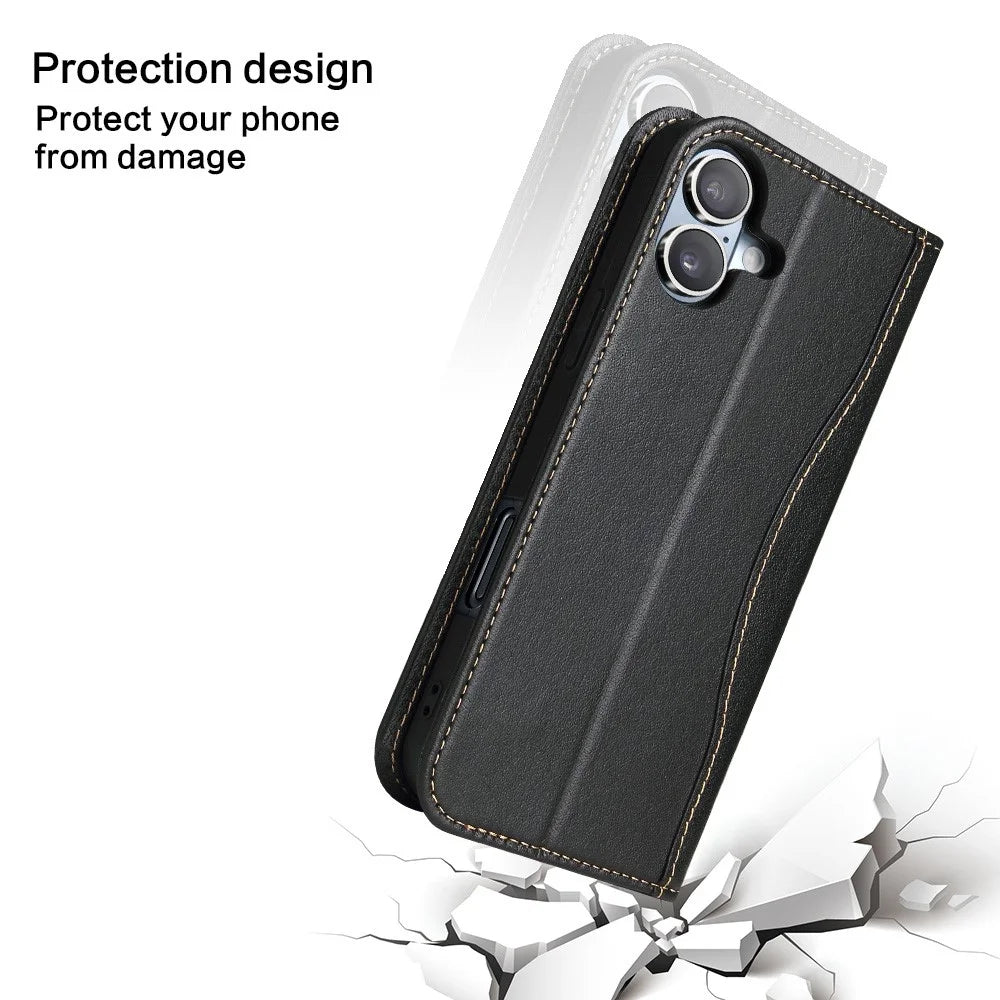 FIERRE SHANN For iPhone 17 Case Wallet Stitching Craft Genuine Cow Leather Phone Cover - Black - 6