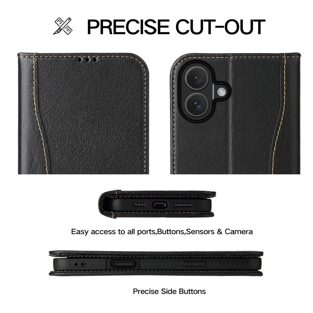 FIERRE SHANN For iPhone 17 Case Wallet Stitching Craft Genuine Cow Leather Phone Cover - Black - 7