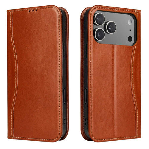 FIERRE SHANN For iPhone 17 Pro Case Wallet Stitching Craft Genuine Cow Leather Phone Cover - Brown - 1