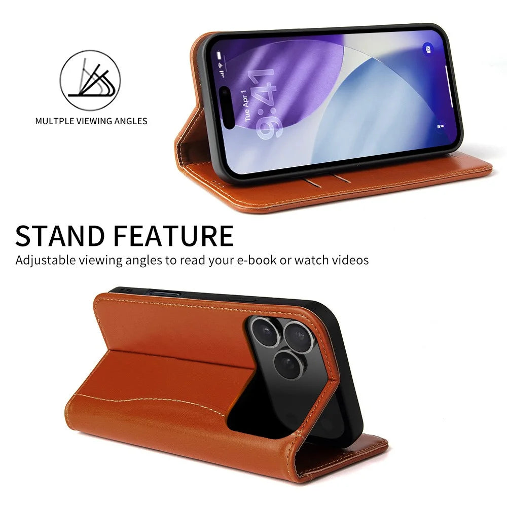 FIERRE SHANN For iPhone 17 Pro Case Wallet Stitching Craft Genuine Cow Leather Phone Cover - Brown - 2