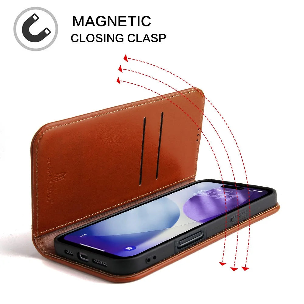 FIERRE SHANN For iPhone 17 Pro Case Wallet Stitching Craft Genuine Cow Leather Phone Cover - Brown - 3