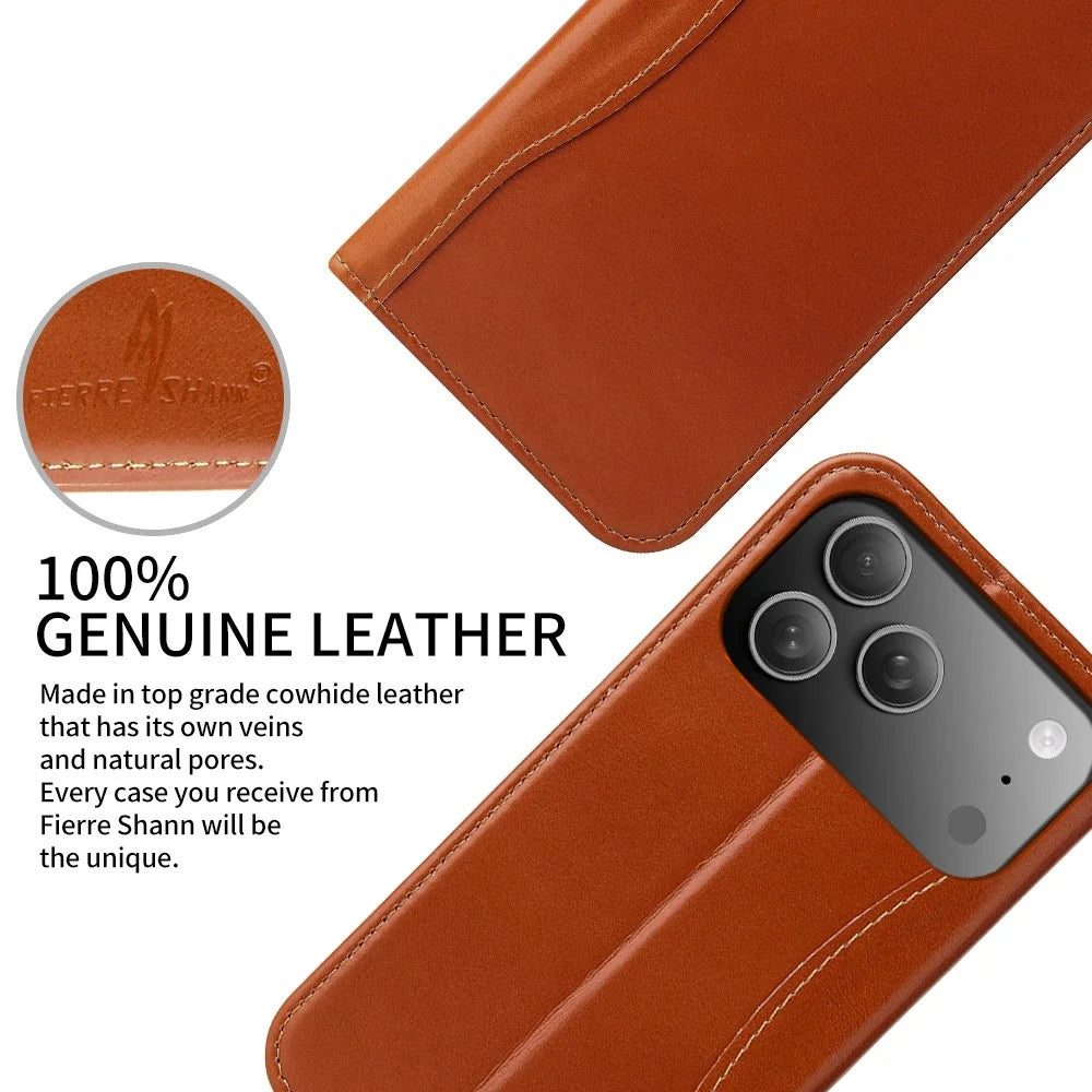 FIERRE SHANN For iPhone 17 Pro Case Wallet Stitching Craft Genuine Cow Leather Phone Cover - Brown - 5