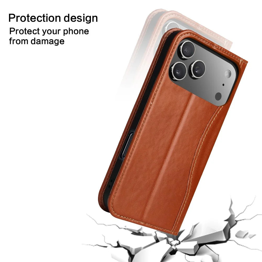 FIERRE SHANN For iPhone 17 Pro Case Wallet Stitching Craft Genuine Cow Leather Phone Cover - Brown - 6