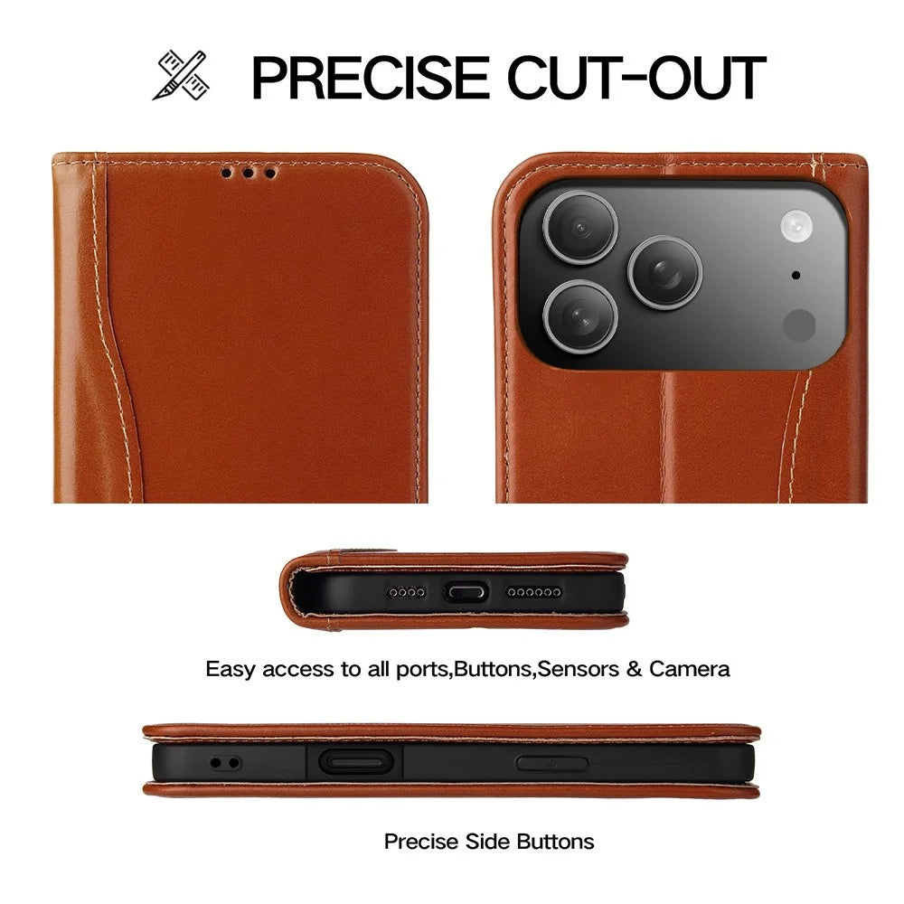 FIERRE SHANN For iPhone 17 Pro Case Wallet Stitching Craft Genuine Cow Leather Phone Cover - Brown - 7
