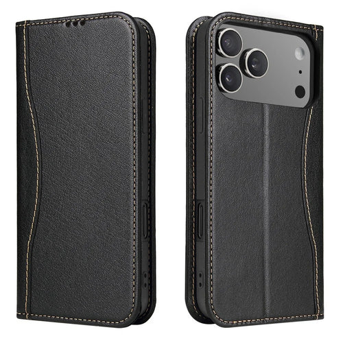 FIERRE SHANN For iPhone 17 Pro Max Case Wallet Stitching Craft Genuine Cow Leather Phone Cover - Black - 1