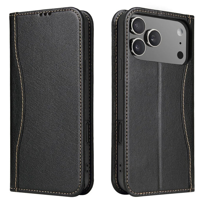 FIERRE SHANN For iPhone 17 Pro Max Case Wallet Stitching Craft Genuine Cow Leather Phone Cover - Black - 1