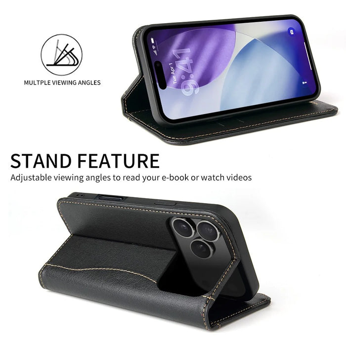 FIERRE SHANN For iPhone 17 Pro Max Case Wallet Stitching Craft Genuine Cow Leather Phone Cover - Black - 2
