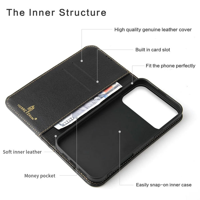 FIERRE SHANN For iPhone 17 Pro Max Case Wallet Stitching Craft Genuine Cow Leather Phone Cover - Black - 4