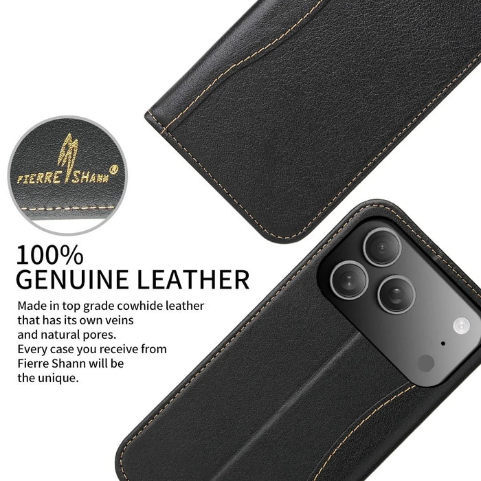 FIERRE SHANN For iPhone 17 Pro Max Case Wallet Stitching Craft Genuine Cow Leather Phone Cover - Black - 5