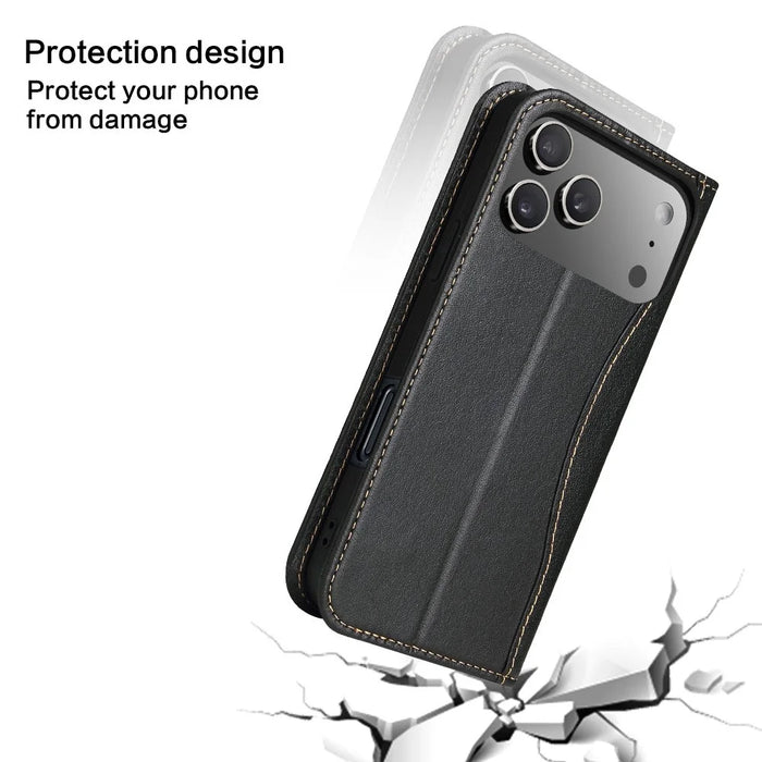 FIERRE SHANN For iPhone 17 Pro Max Case Wallet Stitching Craft Genuine Cow Leather Phone Cover - Black - 6