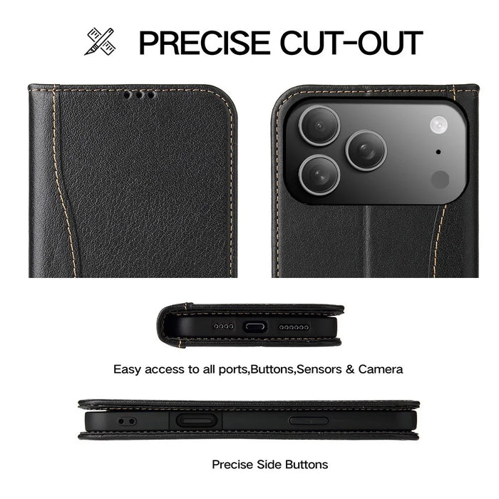 FIERRE SHANN For iPhone 17 Pro Max Case Wallet Stitching Craft Genuine Cow Leather Phone Cover - Black - 7