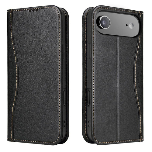 FIERRE SHANN For iPhone Air Case Wallet Stitching Craft Genuine Cow Leather Phone Cover - Black - 1
