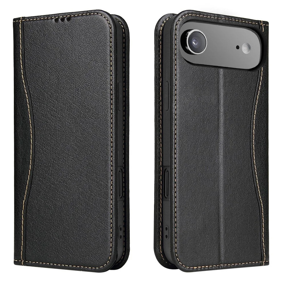 FIERRE SHANN For iPhone Air Case Wallet Stitching Craft Genuine Cow Leather Phone Cover - Black - 1