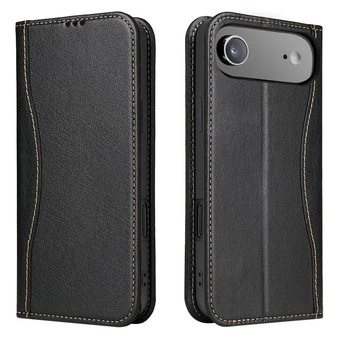 FIERRE SHANN For iPhone Air Case Wallet Stitching Craft Genuine Cow Leather Phone Cover - Black - 1