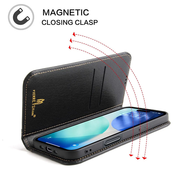 FIERRE SHANN For iPhone Air Case Wallet Stitching Craft Genuine Cow Leather Phone Cover - Black - 3