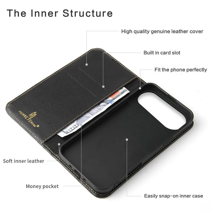 FIERRE SHANN For iPhone Air Case Wallet Stitching Craft Genuine Cow Leather Phone Cover - Black - 4